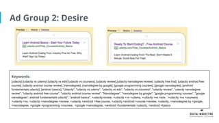 Ad Group 2: Desire
Keywords:
[udacity] [udacity vs udemy] [udacity vs edx] [udacity vs coursera], [udacity review],[udacity nanodegree review], [udacity free trial], [udacity android free
course], [udacity android course review], [nanodegree], [nanodegree by google], [google programming courses], [google nanodegree], [android
fundamentals udacity], [android basics], "Udacity", "udacity vs udemy", "udacity vs edx", "udacity vs coursera", "udacity review", “udacity nanodegree
review", "udacity android free course", "udacity android course review", "Nanodegree", "nanodegree by google", "google programming courses”, "google
nanodegree", android fundamentals udacity", “android basics", +udacity review, +udacity +vs +udemy, +udacity +vs +edx, +udacity +vs +coursera,
+udacity +vs, +udacity +nanodegree +review, +udacity +android +free course, +udacity +android +course +review, +udacity, +nanodegree by +google,
+nanodegree, +google +programming +courses, +google +nanodegree, +android +fundamentals +udacity, +android +basics
 