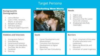 Target Persona
Target Persona
Background &
Demographics
1. Latina Mother
2. Lives in NYC, Houston,
Miami, or San Jose
3. Between 25-45yo
4. 50K Base Salary
5. Bilingual (English/Spanish)
Barriers
1. Trust - Uncertain of the value
of online education and
credentials.
2. Balancing Work/Life and
Education
3. Uncertain of career trajectory
Needs
1. Higher pay
2. Mentorship
3. Education that fits career
home life schedule
4. Employment she finds
meaningful.
Goals
1. Career Development and
Advancement
2. Transition from Business
Development to Digital
Marketing
3. Open her own Consultancy
Hobbies and Interests
1. Immigration Reform
2. Volunteering
3. Social Justice Activism
4. Orange is the New Black,
YouTube, We Are Mitu
5. Facebook
6. Dancing
Marketing Mom Maria
 