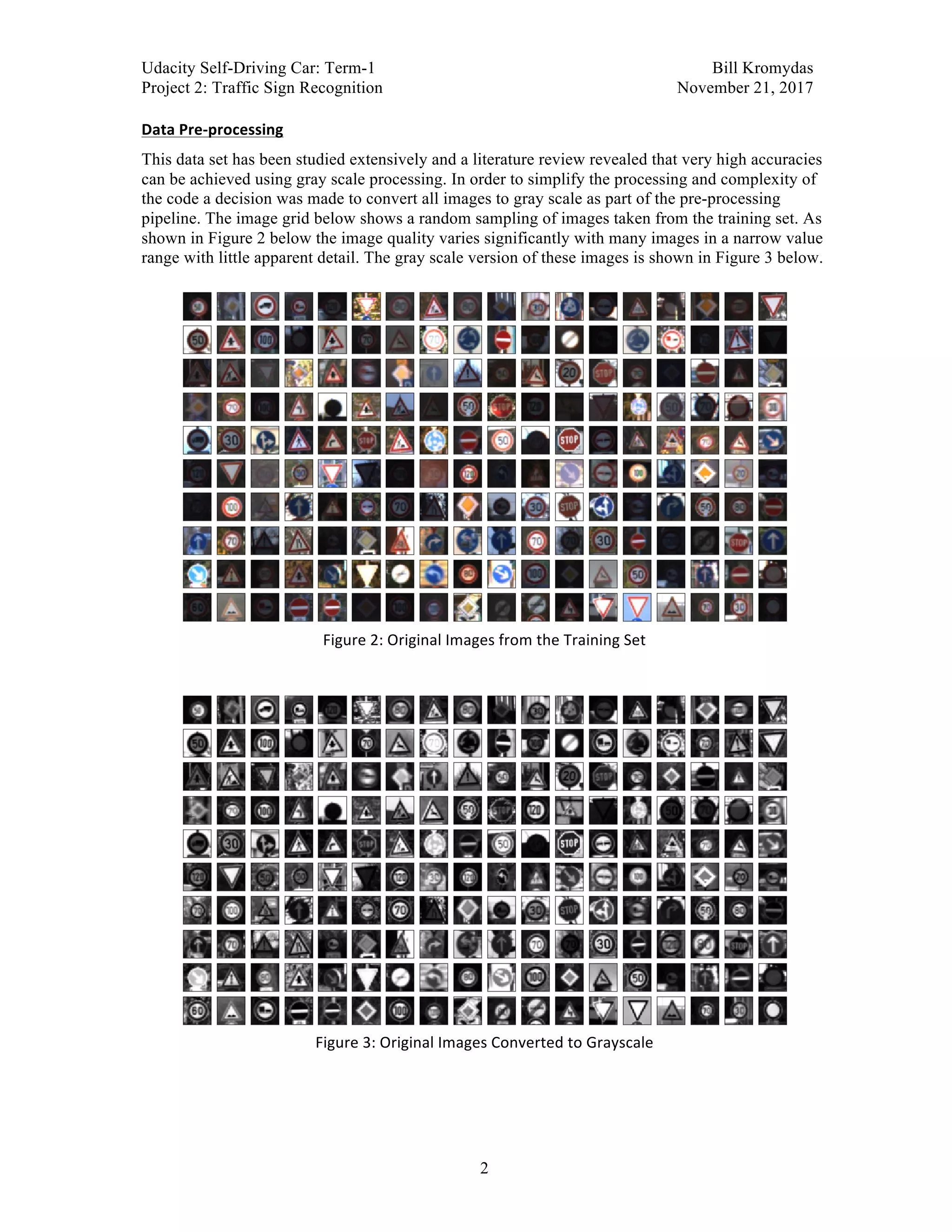 Udacity Self-Driving Car: Term-1 Bill Kromydas
Project 2: Traffic Sign Recognition November 21, 2017
	
2
Data	Pre-processing	
This data set has been studied extensively and a literature review revealed that very high accuracies
can be achieved using gray scale processing. In order to simplify the processing and complexity of
the code a decision was made to convert all images to gray scale as part of the pre-processing
pipeline. The image grid below shows a random sampling of images taken from the training set. As
shown in Figure 2 below the image quality varies significantly with many images in a narrow value
range with little apparent detail. The gray scale version of these images is shown in Figure 3 below.
Figure	2:	Original	Images	from	the	Training	Set	
	
Figure	3:	Original	Images	Converted	to	Grayscale	
	
 