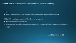 IV FASE (macro-obiettivo: inquadramento storico-stilistico del brano)
A CASA
 Ricerca storiografica sull’autore del brano (produzione, contesto storico, correnti artistiche)
IN CLASSE ( due lezioni da 20 min.) due alunni con un docente
 Analisi formale e stilistica del brano
 Redazione della restituzione del lavoro di analisi e ricerca tramite presentazione orale del brano durante il
saggio
…Interdisciplinarietà
 