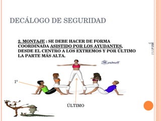 DECÁLOGO DE SEGURIDAD 2. MONTAJE  : SE DEBE HACER DE FORMA COORDINADA  ASISTIDO POR LOS AYUDANTES , DESDE EL CENTRO A LOS EXTREMOS Y POR ÚLTIMO LA PARTE MÁS ALTA.   1º ÚLTIMO IES JULIÁN ZARCO- EDUCACIÓN FÍSICA 