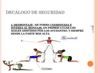 DECÁLOGO DE SEGURIDAD 4. DESMONTAJE  : DE FORMA  COORDINADA E INVERSA AL MONTAJE , EN PRIMER LUGAR LOS ÁGILES ASISTIDOS POR LOS AYUDANTES. Y SIEMPRE DESDE LA PARTE MÁS ALTA. 1º ÚLTIMO IES JULIÁN ZARCO- EDUCACIÓN FÍSICA 