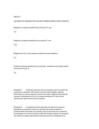 OBJETO

VALORES EN UNIDADES DE SALARIO MÍNIMO DIARIO LEGAL VIGENTE.


Registrar un espacio académico por tercera (3ª ) vez

7.0




Registrar un espacio académico por cuarta (4ª ) vez

14.0




Registrar tres (3) o más espacios académicos para repetirlos

7.0




Finalizar el periodo académico con promedio académico acumulado inferior
a tres punto dos (3.2)

7.0




Parágrafo 1:     Todas las sanciones son acumulables, pero no podrán ser
superiores a veintiocho (28) salarios mínimos diarios legales vigentes,
siendo éste el máximo pago por sanción de prueba académica que deberá
cancelar el estudiante al incurrir en prueba académica. El valor de las
sanciones se aproximará al entero superior.




Parágrafo 2:     La liquidación de los derechos de matrícula cuando el
estudiante se encuentre incurso en situación de prueba académica,
corresponderá al del valor de la sanción más el valor base de la matrícula
contemplada en el Acuerdo 004 de 2.006 del Consejo Superior Universitario
que define los valores pecuniarios (matrícula) para los estudiantes de la
 