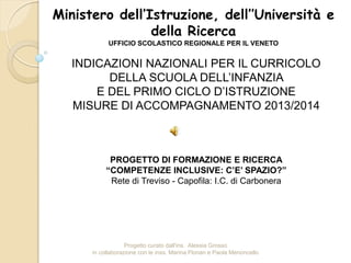 INDICAZIONI NAZIONALI PER IL CURRICOLO
DELLA SCUOLA DELL’INFANZIA
E DEL PRIMO CICLO D’ISTRUZIONE
MISURE DI ACCOMPAGNAMENTO 2013/2014
PROGETTO DI FORMAZIONE E RICERCA
“COMPETENZE INCLUSIVE: C’E’ SPAZIO?”
Rete di Treviso - Capofila: I.C. di Carbonera
Ministero dell’Istruzione, dell’’Università e
della Ricerca
UFFICIO SCOLASTICO REGIONALE PER IL VENETO
Progetto curato dall'ins. Alessia Grosso
in collaborazione con le inss. Marina Florian e Paola Menoncello
 