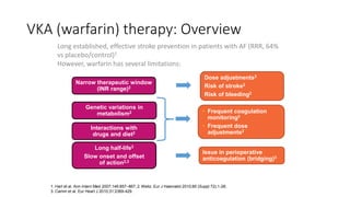 VKA (warfarin) therapy: Overview
Long established, effective stroke prevention in patients with AF (RRR, 64%
vs placebo/control)1
However, warfarin has several limitations:
1. Hart et al. Ann Intern Med 2007;146:857–867; 2. Weitz. Eur J Haematol 2010;85 (Suppl 72);1-28;
3. Camm et al. Eur Heart J 2010;31:2369-429.
Genetic variations in
metabolism2
Long half-life3
Slow onset and offset
of action2,3
Interactions with
drugs and diet2
Narrow therapeutic window
(INR range)2
Dose adjustments2
Risk of stroke2
Risk of bleeding2
 Frequent coagulation
monitoring2
 Frequent dose
adjustments2
Issue in perioperative
anticoagulation (bridging)3
 