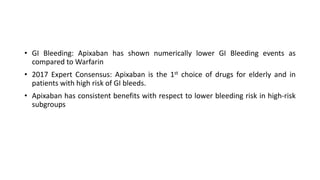 • GI Bleeding: Apixaban has shown numerically lower GI Bleeding events as
compared to Warfarin
• 2017 Expert Consensus: Apixaban is the 1st choice of drugs for elderly and in
patients with high risk of GI bleeds.
• Apixaban has consistent benefits with respect to lower bleeding risk in high-risk
subgroups
 