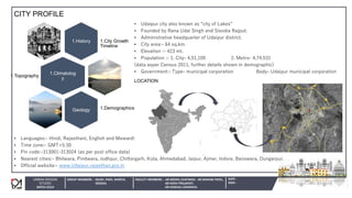 FACULTY MEMBERS – AR.MEERA CHATWANI, AR.MAYANK PATEL,
AR.NIDHI PRAJAPATI,
AR.VAISHALI DARANIYA
URBAN DESIGN
STUDIO
BATCH 2019
GROUP MEMBERS – ISHAN, PARV, SHREYA,
DEESHA
1.History 1.City Growth
Timeline
1.Climatolog
y
1.Topography
Geology 1.Demographics
CITY PROFILE
DATE -
SIGN -
• Udaipur city also known as “city of Lakes”
• Founded by Rana Udai Singh and Sisodia Rajput.
• Administrative headquarter of Udaipur district.
• City area:- 64 sq.km.
• Elevation :- 423 mt.
• Population :- 1. City- 4,51,100 2. Metro- 4,74,531
(data asper Census 2011, further details shown in demographic)
• Government:- Type- municipal corporation Body- Udaipur municipal corporation
• Languages:- Hindi, Rajasthani, English and Mewardi
• Time zone:- GMT+5:30
• Pin code:-313001-313024 (as per post office data)
• Nearest cities:- Bhilwara, Pindwara, Jodhpur, Chittorgarh, Kota, Ahmedabad, Jaipur, Ajmer, Indore, Banswara, Dungarpur.
• Official website:- www.Udaipur.rajasthan.gov.in
LOCATION
 