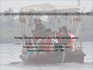 Foreign tourists -increased during the last four years,
Number of total tourists have also increased.
Foreign tourists comprise around 22-24%, while
Domestic tourists comprises 76–78%.
Tourist population has not grown significantly remained in the range of 7 to 7.5 lakh tourists
 