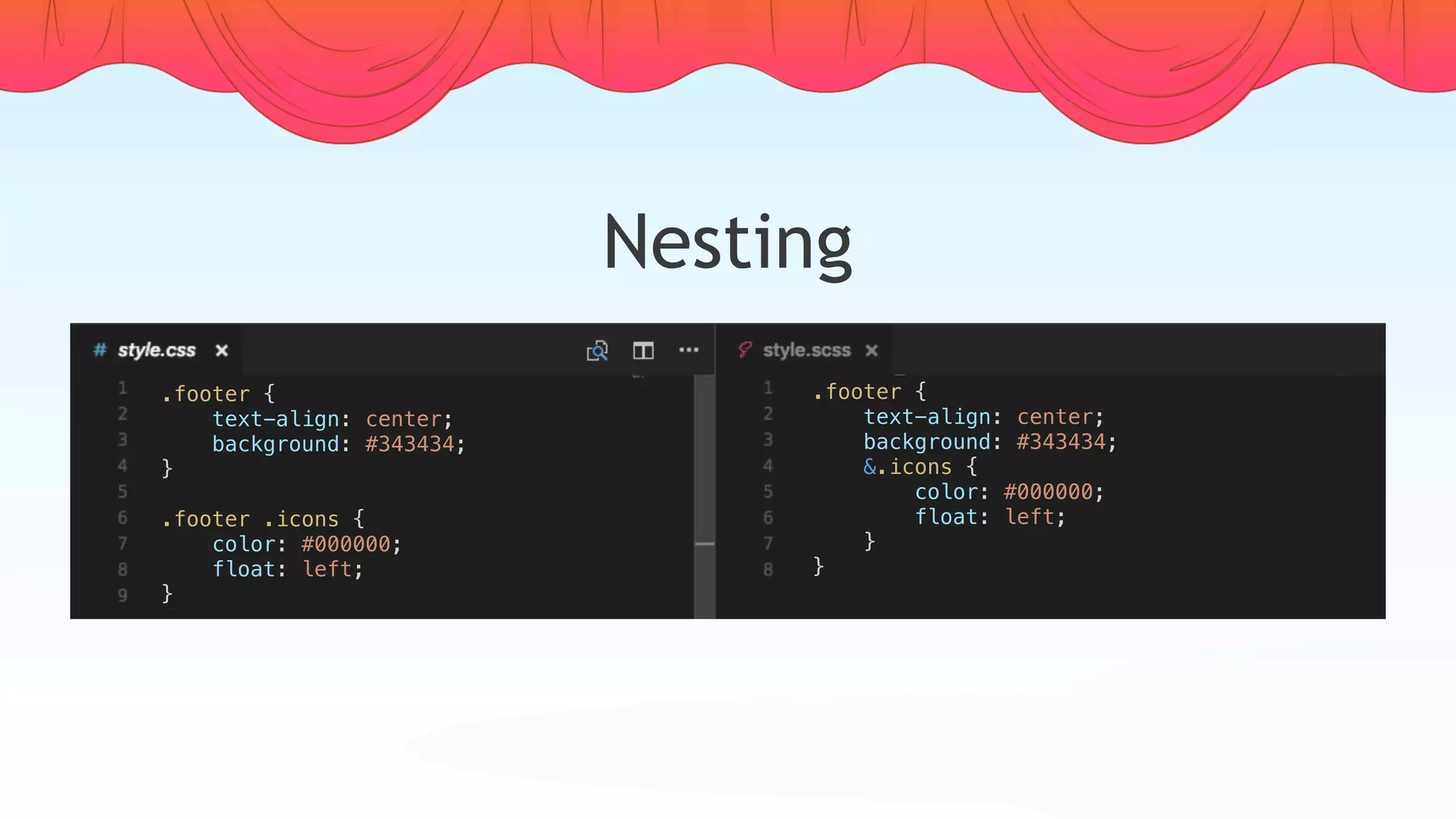 Nesting
.footer {
    text-align: center;
    background: #343434;
}
.footer .icons {
    color: #000000;
    float: left;
}
.footer {
    text-align: center;
    background: #343434;
    &.icons {
        color: #000000;
        float: left;
    }
}
 