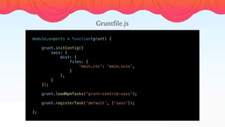 module.exports = function(grunt) {
    
    grunt.initConfig({
        sass: {
            dist: {
                files: ...