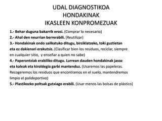 UDAL DIAGNOSTIKOA
HONDAKINAK
IKASLEEN KONPROMEZUAK
1.- Behar duguna bakarrik erosi. (Comprar lo necesario)
2.- Ahal den neurrian berrerabili. (Reutilizar)
3.- Hondakinak ondo sailkatuko ditugu, birziklatzeko, toki guztietan
eta ez dakienari erakutsiz. (Clasificar bien los residuos, reciclar, siempre
en cualquier sitio, y enseñar a quien no sabe)
4.- Paperontziak erabiliko ditugu. Lurrean dauden hondakinak jasoz
eta kaleak eta kiroldegia garbi mantenduz. (Usaremos las papeleras.
Recogeremos los residuos que encontramos en el suelo, mantendremos
limpio el polideportivo)
5.- Plastikozko poltsak gutxiago erabili. (Usar menos las bolsas de plástico)
 