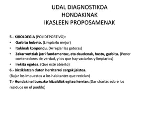 UDAL DIAGNOSTIKOA
HONDAKINAK
IKASLEEN PROPOSAMENAK
5.- KIROLDEGIA (POLIDEPORTIVO):
• Garbitu hobeto. (Limpiarlo mejor)
• Itukinak konpondu. (Arreglar las goteras)
• Zakarrontziak jarri fundamentuz, eta daudenak, hustu, garbitu. (Poner
contenedores de verdad, y los que hay vaciarlos y limpiarlos)
• Irekita egotea. (Que esté abierto)
6.- Birziklatzen duten herritarrei zergak jaistea.
(Bajar los impuestos a los habitantes que reciclan)
7.- Hondakinei buruzko hitzaldiak egitea herrian.(Dar charlas sobre los
residuos en el pueblo)
 