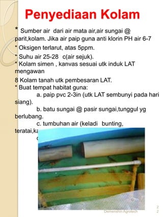 Penyediaan Kolam
* Sumber air    dari air mata air,air sungai @
parit,kolam. Jika air paip guna anti klorin PH air 6-7
* Oksigen terlarut, atas 5ppm.
* Suhu air 25-28 c(air sejuk).
* Kolam simen , kanvas sesuai utk induk LAT
mengawan
8 Kolam tanah utk pembesaran LAT.
* Buat tempat habitat guna:
         a. paip pvc 2-3in (utk LAT sembunyi pada hari
siang).
         b. batu sungai @ pasir sungai,tunggul yg
berlubang.
         c. tumbuhan air (keladi bunting,
teratai,kangkung).
         d. ikan guppy (utk makanan LAT)




                                                      2
                                 Demenshin Agrotech   2
 