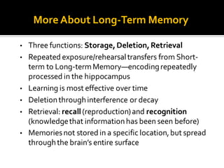 More About Long-Term Memory
• Three functions: Storage,Deletion,Retrieval
• Repeated exposure/rehearsaltransfers from Short-
term to Long-termMemory—encodingrepeatedly
processed in the hippocampus
• Learning is most effective over time
• Deletionthroughinterference or decay
• Retrieval: recall(reproduction)and recognition
(knowledgethat informationhas been seen before)
• Memoriesnot stored in a specific location,but spread
throughthe brain’s entire surface
 