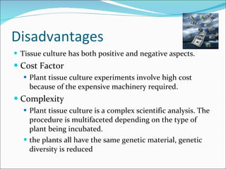 Disadvantages Tissue culture has both positive and negative aspects. Cost Factor Plant tissue culture experiments involve high cost because of the expensive machinery required. Complexity Plant tissue culture is a complex scientific analysis. The procedure is multifaceted depending on the type of plant being incubated. the plants all have the same genetic material, genetic diversity is reduced 