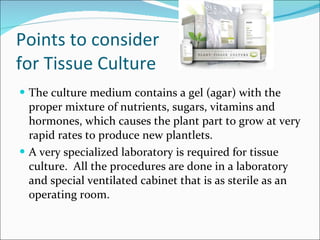 Points to consider for Tissue Culture The culture medium contains a gel (agar) with the proper mixture of nutrients, sugars, vitamins and hormones, which causes the plant part to grow at very rapid rates to produce new plantlets. A very specialized laboratory is required for tissue culture.  All the procedures are done in a laboratory and special ventilated cabinet that is as sterile as an operating room. 