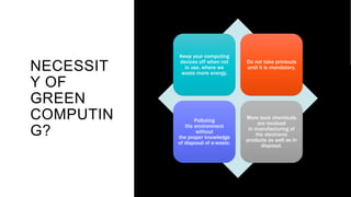 NECESSIT
Y OF
GREEN
COMPUTIN
G?
Keep your computing
devices off when not
in use, where we
waste more energy.
Do not take printouts
until it is mandatory.
Polluting
the environment
without
the proper knowledge
of disposal of e-waste.
More toxic chemicals
are involved
in manufacturing of
the electronic
products as well as in
disposal.
 