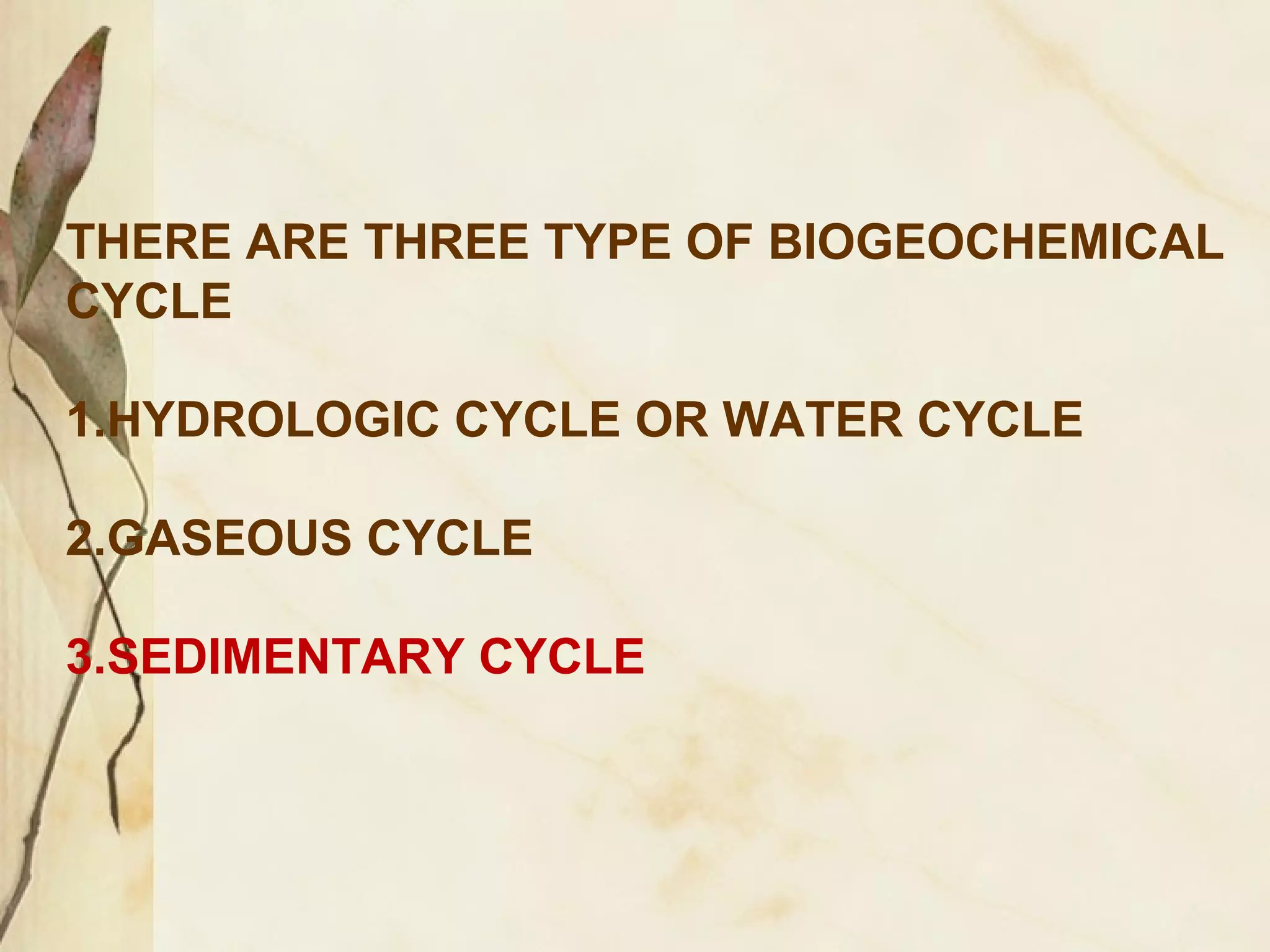 THERE ARE THREE TYPE OF BIOGEOCHEMICAL
CYCLE
1.HYDROLOGIC CYCLE OR WATER CYCLE
2.GASEOUS CYCLE
3.SEDIMENTARY CYCLE

 