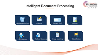 Cheque
Handwritten Forms Invoices
Demand Draft
ID Extraction Image Matching
Aadhaar Masking Classification
Intelligent Document Processing
 