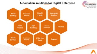 Corporate
Banking
Retail
Banking
Trade
Finance
Agri.
Banking
Investment
Banking
Trade
Services
Automation solutions for Digital Enterprise
Customer
Services
Credit
Cards
Human
Resources
Finance
Payout
IT Service
Desk
 