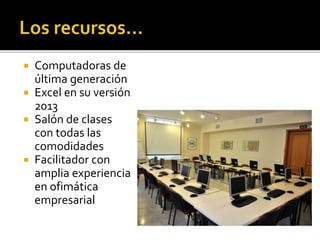  Computadoras de 
última generación 
 Excel en su versión 
2013 
 Salón de clases 
con todas las 
comodidades 
 Facilitador con 
amplia experiencia 
en ofimática 
empresarial 
 