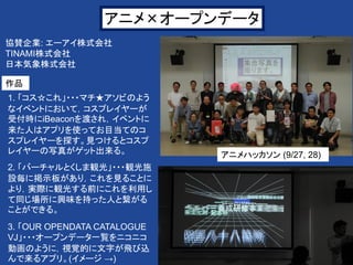 7
アニメ×オープンデータ
1. 「コス☆これ」・・・マチ★アソビのよう
なイベントにおいて，コスプレイヤーが
受付時にiBeaconを渡され，イベントに
来た人はアプリを使ってお目当てのコ
スプレイヤーを探す。見つけるとコスプ
レイヤーの写真がゲット出来る。
2. 「バーチャルとくしま観光」・・・観光施
設毎に掲示板があり，これを見ることに
より，実際に観光する前にこれを利用し
て同じ場所に興味を持った人と繋がる
ことができる。
3. 「OUR OPENDATA CATALOGUE
VJ」・・・オープンデータ一覧をニコニコ
動画のように，視覚的に文字が飛び込
んで来るアプリ。(イメージ →)
協賛企業: エーアイ株式会社
TINAMI株式会社
日本気象株式会社
作品
アニメハッカソン (9/27, 28)
 