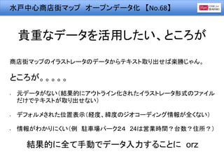 水戸中心商店街マップ オープンデータ化 【No.68】
貴重なデータを活用したい、ところが
商店街マップのイラストレータのデータからテキスト取り出せば楽勝じゃん。
ところが。。。。。
• 元データがない（結果的にアウトライン化されたイラストレータ形式のファイル
だけでテキストが取り出せない）
• デフォルメされた位置表示（経度、緯度のジオコーディング情報が全くない）
• 情報がわかりにくい（例 駐車場パーク２４ 24は営業時間？台数？住所？）
結果的に全て手動でデータ入力することに orz
 