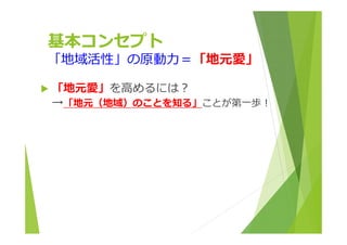 基本コンセプト 
「地域活性」の原動⼒＝「地元愛」 
 「地元愛」を⾼めるには︖ 
→「地元（地域）のことを知る」ことが第⼀歩︕ 
 