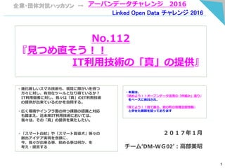 企業・団体対抗ハッカソン → アーバンデータチャレンジ 2016
Linked Open Data チャレンジ 2016
No.112
『見つめ直そう！！
IT利用技術の「真」の提供』
２０１７年１月
チーム‘DM-WＧ02’：高部美昭
・進化著しいスマホ技術も、視覚に障がいを持つ
方々に対し、有効なツールとなり得ているか？
IT利用弱者に対し、我々は「真」のIT利用技術
の提供が出来ているのかを自問する。
・広く環境やインフラ面の持つ課題の認識と対応
も踏まえ、近未来IT利用技術においては、
我々は、その「真」の提供を果たしたい。
・「スマート白杖」や「スマート盲導犬」等々の
創出アイデア実現を念頭に、
今、我々が出来る事、始める事は何か、を
考え・提言する
・本案は、
『始めよう！！オープンデータ活用の「枠組み」造り』
をベースに検討され、
『育てよう！！皆で創る、皆の町の地理空間情報』
と併せた展開を狙っております
1
 