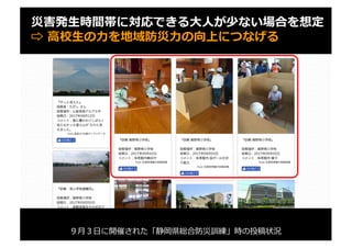 災害発⽣時間帯に対応できる⼤⼈が少ない場合を想定
⇨ ⾼校⽣の⼒を地域防災⼒の向上につなげる
９⽉３⽇に開催された「静岡県総合防災訓練」時の投稿状況
 