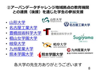 ②アーバンデータチャレンジ地域拠点の教育機関
との連携（後援）を通じた学生の参加支援
• 山形大学
• 名古屋工業大学
• 豊橋技術科学大学
• 椙山女学園大学
• 岐阜大学
• 九州産業大学
• 熊本学園大学
各大学の先生方ありがとうございます
8
 