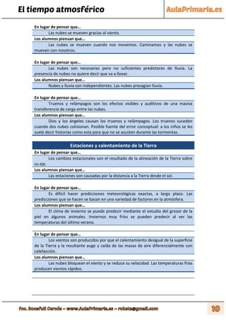 El tiempo atmosférico
En lugar de pensar que…
Las nubes se mueven gracias al viento.
Los alumnos piensan que…
Las nubes se mueven cuando nos movemos. Caminamos y las nubes se
mueven con nosotros.
En lugar de pensar que…
Las nubes son necesarias pero no suficientes predictores de lluvia. La
presencia de nubes no quiere decir que va a llover.
Los alumnos piensan que…
Nubes y lluvia son independientes. Las nubes presagian lluvia.
En lugar de pensar que…
Truenos y relámpagos son los efectos visibles y auditivos de una masiva
transferencia de carga entre las nubes.
Los alumnos piensan que…
Dios y los ángeles causan los truenos y relámpagos. Los truenos suceden
cuando dos nubes colisionan. Posible fuente del error conceptual: a los niños se les
suele decir historias como esta para que no se asusten durante las tormentas.
Estaciones y calentamiento de la Tierra
En lugar de pensar que…
Los cambios estacionales son el resultado de la alineación de la Tierra sobre
su eje.
Los alumnos piensan que…
Las estaciones son causadas por la distancia a la Tierra desde el sol.
En lugar de pensar que…
Es difícil hacer predicciones meteorológicas exactas, a largo plazo. Las
predicciones que se hacen se basan en una variedad de factores en la atmósfera.
Los alumnos piensan que…
El clima de invierno se puede predecir mediante el estudio del grosor de la
piel en algunos animales. Inviernos muy fríos se pueden predecir al ver las
temperaturas del último verano.
En lugar de pensar que…
Los vientos son producidos por que el calentamiento desigual de la superficie
de la Tierra y la resultante auge y caída de las masas de aire diferencialmente con
calefacción.
Los alumnos piensan que…
Las nubes bloquean el viento y se reduce su velocidad. Las temperaturas frías
producen vientos rápidos.
 