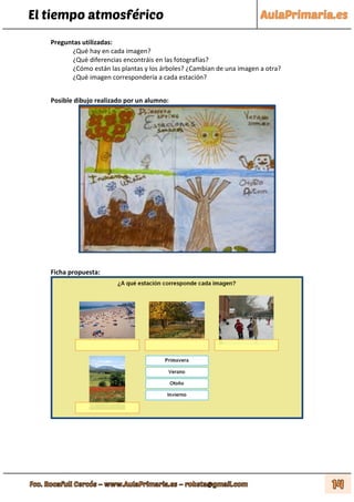 El tiempo atmosférico
Preguntas utilizadas:
¿Qué hay en cada imagen?
¿Qué diferencias encontráis en las fotografías?
¿Cómo están las plantas y los árboles? ¿Cambian de una imagen a otra?
¿Qué imagen correspondería a cada estación?
Posible dibujo realizado por un alumno:
Ficha propuesta:
 