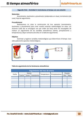 El tiempo atmosférico
Segundo Ciclo – Actividad 2: Controlamos el tiempo con una estación
Materiales
Anemómetro, barómetro y pluviómetro (elaborados en clase), termómetro (de
casa), hoja de seguimiento.
Procedimiento
Realizaremos en clase la construcción de tres aparatos (anemómetro,
barómetro y pluviómetro) para crear nuestra estación meteorológica en clase. Los
alumnos (cada día se encargará uno por orden de lista) serán los encargados de
realizar un seguimiento de las variables atmosféricas (viento, precipitaciones y
temperatura) y dejar constancia de ellas en la tabla de seguimiento.
Objetivo
Controlar y registrar variables meteorológicas que determinan el tiempo. Usar
adecuadamente aparatos meteorológicos.
Tabla de seguimiento de los fenómenos atmosféricos
Seguimiento del mes de enero
Fecha
Viento
Temperatura Precipitaciones
Presión
Fuerte Suave Inexistente Alta Baja
 
