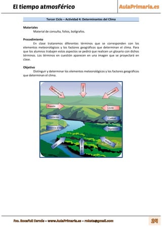 El tiempo atmosférico
Tercer Ciclo – Actividad 4: Determinantes del Clima
Materiales
Material de consulta, folios, bolígrafos.
Procedimiento
En clase trataremos diferentes términos que se corresponden con los
elementos meteorológicos y los factores geográficos que determinan el clima. Para
que los alumnos trabajen estos aspectos se pedirá que realicen un glosario con dichos
términos. Los términos en cuestión aparecen en una imagen que se proyectará en
clase.
Objetivo
Distinguir y determinar los elementos meteorológicos y los factores geográficos
que determinan el clima.
 