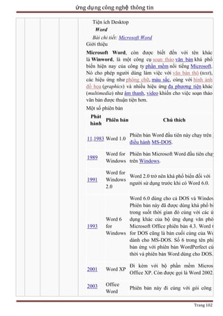 ứng dụ ng công nghệ thông tin
Tiện ích Desktop
Word
Bài chi tiết: Microsoft Word
Giới thiệu
Microsoft Word, còn được biết đến với tên khác
là Winword, là một công cụ soạn thảo văn bản khá phổ
biển hiện nay của công ty phần mềm nổi tiếng Microsoft.
Nó cho phép người dùng làm việc với văn bản thô (text),
các hiệu ứng như phông chữ, màu sắc, cùng với hình ảnh
đồ họa (graphics) và nhiều hiệu ứng đa phương tiện khác
(multimedia) như âm thanh, video khiến cho việc soạn thảo
văn bản được thuận tiện hơn.
Một số phiên bản
Phát
Phiên bản
hành
11.1983 Word 1.0

Chú thích
Phiên bản Word đầu tiên này chạy trên hệ
điều hành MS-DOS.

1989

Word for Phiên bản Microsoft Word đầu tiên chạy
Windows trên Windows.

1991

Word for
Word 2.0 trở nên khá phổ biển đối với
Windows
người sử dụng trước khi có Word 6.0.
2.0

1993

Word 6.0 dùng cho cả DOS và Windows.
Phiên bản này đã được dùng khá phổ biển
trong suốt thời gian đó cùng với các ứng
Word 6
dụng khác của bộ ứng dụng văn phòng
for
Microsoft Office phiên bản 4.3. Word 6.0
Windows for DOS cũng là bản cuối cùng của Word
dành cho MS-DOS. Số 6 trong tên phiên
bản ứng với phiên bản WordPerfect cùng
thời và phiên bản Word dùng cho DOS.

2001

Word XP

Đi kèm với bộ phần mềm Microsoft
Office XP. Còn được gọi là Word 2002.

2003

Office
Word

Phiên bản này đi cùng với gói công cụ
Trang 102

 