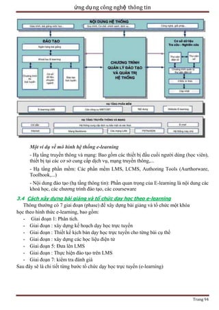 ứng dụ ng công nghệ thông tin

Một ví dụ về mô hình hệ thống e-learning
- Hạ tầng truyền thông và mạng: Bao gồm các thiết bị đầu cuối người dùng (học viên),
thiết bị tại các cơ sở cung cấp dịch vụ, mạng truyền thông,...
- Hạ tầng phần mềm: Các phần mềm LMS, LCMS, Authoring Tools (Aurthorware,
Toolbook,...)
- Nội dung đào tạo (hạ tầng thông tin): Phần quan trọng của E-learning là nội dung các
khoá học, các chương trình đào tạo, các courseware
3.4 Cách xây dựng bài giảng và tổ chức dạy học theo e-learning
Thông thường có 7 giai đoạn (phase) để xây dựng bài giảng và tổ chức một khóa
học theo hình thức e-learning, bao gồm:
- Giai đoạn 1: Phân tích.
- Giai đoạn : xây dựng kế hoạch dạy học trực tuyến
- Giai đoạn : Thiết kế kịch bản dạy học trực tuyến cho từng bài cụ thể
- Giai đoạn : xây dựng các học liệu điện tử
- Giai đoạn 5: Đưa lên LMS
- Giai đoạn : Thực hiện đào tạo trên LMS
- Giai đoạn 7: kiểm tra đánh giá
Sau đây sẽ là chi tiết từng bước tổ chức dạy học trực tuyến (e-learning)

Trang 94

 