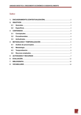 UNIDADE DIDÁCTICA: CRESCIMENTO ECONÓMICO E DESENVOLVIMENTO




Índice

1.     ENCUADRAMIENTO (CONTEXTUALIZACIÓN) ................................................................... 2
2.     OBJETIVOS .................................................................................................................................. 3
     2.1      Generales.............................................................................................................................. 3
     2.2      Específicos ........................................................................................................................... 3
3      CONTENIDOS .............................................................................................................................. 4
     3.1      Conceptuales ....................................................................................................................... 4
     3.2      Procedimentales ................................................................................................................. 4
     3.3      Actitudinales ........................................................................................................................ 4
4      METODOLOGÍA Y TEMPORALIZACIÓN ............................................................................... 5
     4.1      Análisis de preconceptos................................................................................................. 5
     4.2      Metodología ......................................................................................................................... 5
     4.3      Temporalización ................................................................................................................. 6
     4.4      Recursos empleados ......................................................................................................... 7
5      ACTIVIDADES Y RECURSOS .................................................................................................. 7
6      EVALUACIÓN............................................................................................................................. 12
7      BIBLIOGRAFIA .......................................................................................................................... 13
8      VOCABULARIO ......................................................................................................................... 14




                                                                                                                                                          1
 
