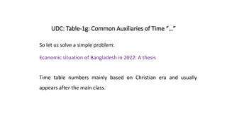 UDC: Table-1g: Common Auxiliaries of Time “…”
So let us solve a simple problem:
Economic situation of Bangladesh in 2022: A thesis
Time table numbers mainly based on Christian era and usually
appears after the main class.
 
