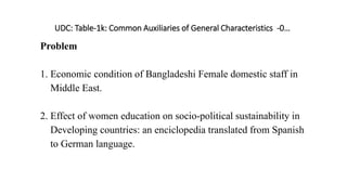 UDC: Table-1k: Common Auxiliaries of General Characteristics -0…
Problem
1. Economic condition of Bangladeshi Female domestic staff in
Middle East.
2. Effect of women education on socio-political sustainability in
Developing countries: an enciclopedia translated from Spanish
to German language.
 