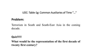 UDC: Table-1g: Common Auxiliaries of Time “…”
Problem:
Terrorism in South and South-East Asia in the coming
decade.
Quiz!!!!!
What would be the representation of the first decade of
twenty first century?
 