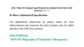 UDC: Table-1h: Subject specification by notation from Non-UDC
sources (A-Z, *)
B: Direct Alphabetical Specification
For al...