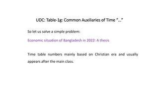 UDC: Table-1g: Common Auxiliaries of Time “…”
So let us solve a simple problem:
Economic situation of Bangladesh in 2022: ...