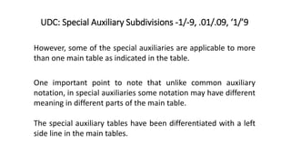 UDC: Special Auxiliary Subdivisions -1/-9, .01/.09, ‘1/’9
However, some of the special auxiliaries are applicable to more
...