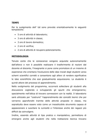 TEMPI
Per lo svolgimento dell’ Ud sono previste orientativamente le seguenti
tempistiche:
• 5 ore di attività di laboratorio;
• 3 ore di attività in classe;
• 3 ore di lavoro domestico;
• 2 ore di verifica;
• 2 ore di attività di recupero-potenziamento.
METODOLOGIA
Tenuto conto che le conoscenze vengono acquisite autonomamente
dall’allievo e non è possibile realizzare il trasferimento di nozioni dal
docente al discente, l’insegnante si pone come promotore di un insieme di
esperienze che orientano l’evoluzione delle idee iniziali degli studenti verso
schemi scientifici corretti e consentono agli allievi di rendere significative
le idee scientifiche che essi gradualmente acquisiscono. Lo studente è
quindi attore del processo di apprendimento.
Nello svolgimento del programma, occorrerà sollecitare gli studenti alla
discussione cogliendo e sviluppando gli spunti che emergeranno;
specialmente nell'ottica di trovare connessioni con la realtà. Il laboratorio
sarà utilizzato per "costruire" l'apprendimento dei concetti teorici che poi
verranno approfonditi tramite delle attività proposte in classe, ma
soprattutto deve essere visto come un insostituibile strumento capace di
appassionare e suscitare la curiosità e l'interesse anche dei ragazzi più
difficili da coinvolgere.
Inoltre, essendo attività di tipo pratico e manipolativo, permettono di
emergere anche agli studenti che nella trattazione teorica trovano
5
 