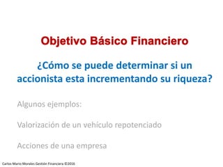 Carlos Mario Morales C ©2014
¿Cómo se puede determinar si un
accionista esta incrementando su riqueza?
Algunos ejemplos:
Valorización de un vehículo repotenciado
Acciones de una empresa
Carlos Mario Morales Gestión Financiera ©2016
 