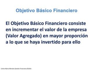Carlos Mario Morales C ©2014
El Objetivo Básico Financiero consiste
en incrementar el valor de la empresa
(Valor Agregado) en mayor proporción
a lo que se haya invertido para ello
Carlos Mario Morales Gestión Financiera ©2016
 