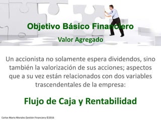 Carlos Mario Morales C ©2014
Un accionista no solamente espera dividendos, sino
también la valorización de sus acciones; aspectos
que a su vez están relacionados con dos variables
trascendentales de la empresa:
Flujo de Caja y Rentabilidad
Valor Agregado
Carlos Mario Morales Gestión Financiera ©2016
 