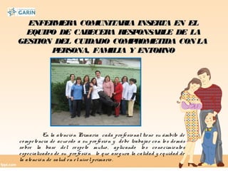 ENFERMERA COMUNITARIA INSERTA EN ELENFERMERA COMUNITARIA INSERTA EN EL
EQUIPO DE CABECERA RESPONSABLE DE LAEQUIPO DE CABECERA RESPONSABLE DE LA
GESTION DEL CUIDADO COMPROMETIDA CON LAGESTION DEL CUIDADO COMPROMETIDA CON LA
PERSONA, FAMILIA Y ENTORNOPERSONA, FAMILIA Y ENTORNO
En la atenció n Primaria cada profesio nal tiene su ámbito de
co mpetencia de acuerdo a su pro fesió n y debe trabajar co n lo s demás
so bre la base del respeto mutuo , aplicando lo s co no cimiento s
especializado s de su pro fesió n lo que asegura la calidad y equidad de
la atenció n de salud en el nivel primario .
 