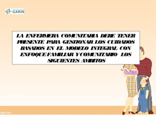 LA ENFERMERA COMUNITARIA DEBE TENER
PRESENTE PARA GESTIONAR LOS CUIDADOS
BASADOS EN EL MODELO INTEGRAL CON
ENFOQUEFAMILIAR YCOMUNITARIO LOS
SIGUIENTES AMBITOS
 